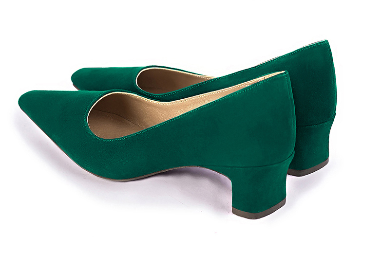 Emerald green women's dress pumps,with a square neckline. Tapered toe. Low kitten heels. Rear view - Florence KOOIJMAN